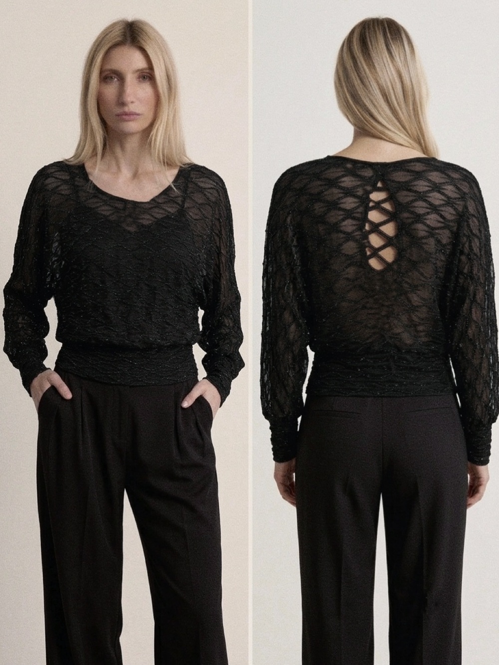 Molly Bracken Le Soir Black Glitter Chiffon Batwing Top Size Small New with tags